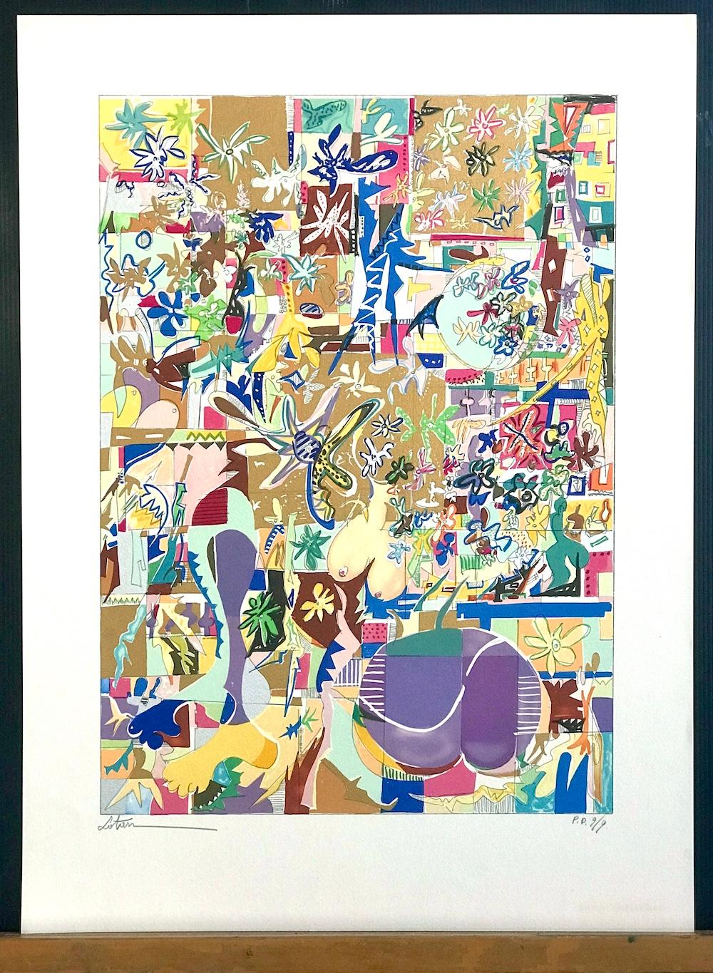MODERNIST ABSTRACT Signed Lithograph, Matisse Style Flowers Shapes Metallic Gold For Sale 5
