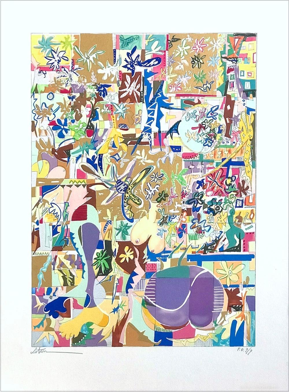 Yona Lotan Print - MODERNIST ABSTRACT Signed Lithograph, Matisse Style Flowers Shapes Metallic Gold