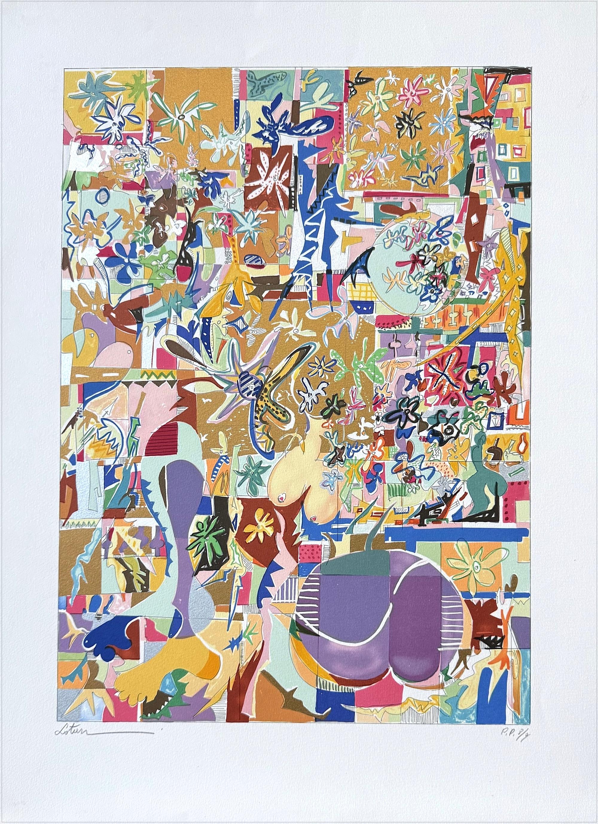 Print Yona Lotan - Lithographie moderniste signée, style Matisse, formes de fleurs en or métallique
