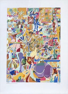 Lithographie moderniste signée, style Matisse, formes de fleurs en or métallique