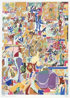 MODERNIST ABSTRACT Signed Lithograph, Matisse Style Flowers Shapes Metallic Gold