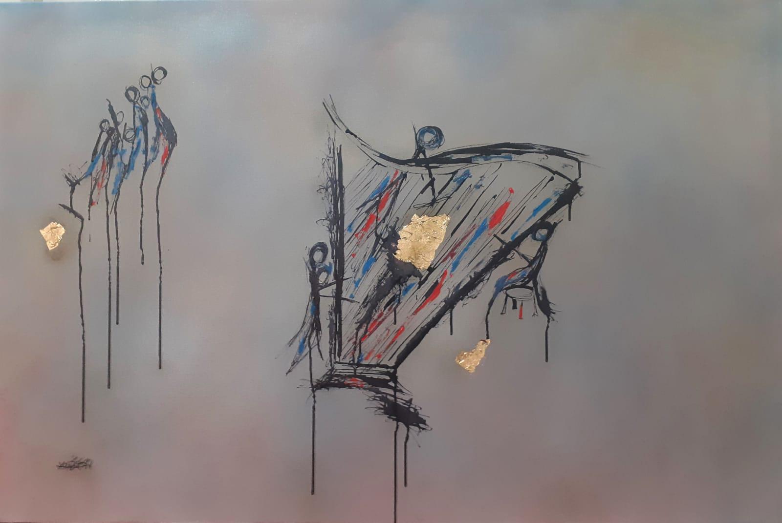 Yonatan Sadot Figurative Painting – Sounds of the Harp, 2024, Öl, Tinte und Folie auf Leinwand 80x120 cm