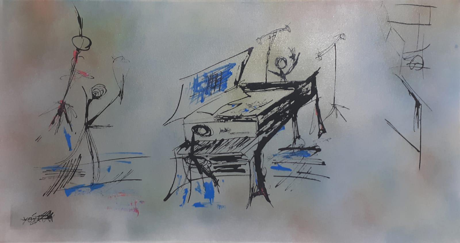 Yonatan Sadot Figurative Painting – Das blaue Klavier, 2024, Öl, Tinte und Folie auf Leinwand 40x80 cm