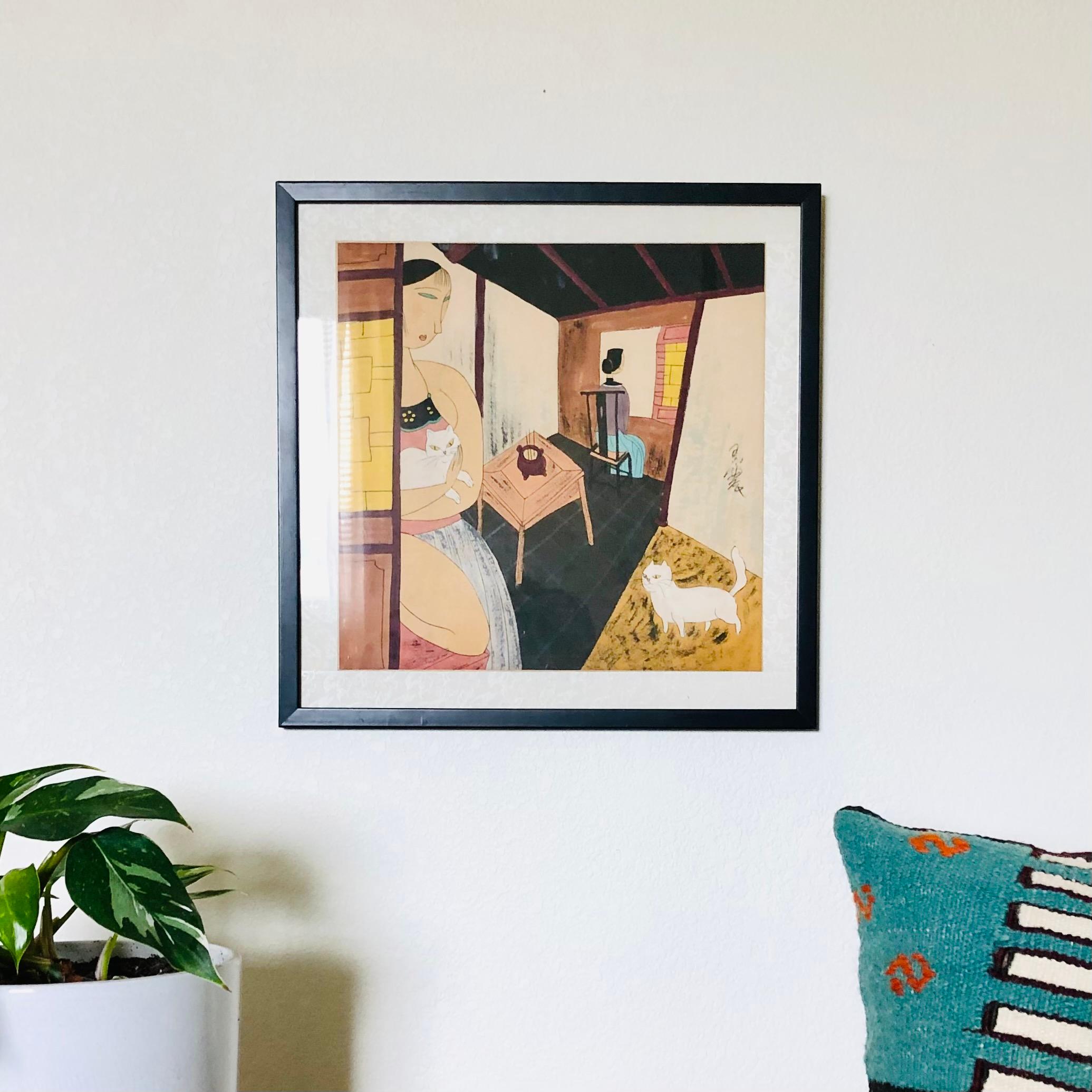 Yongkai Hu Original Gouache und Tinte auf Papier - Damen mit Katzen (Chinesisch) im Angebot