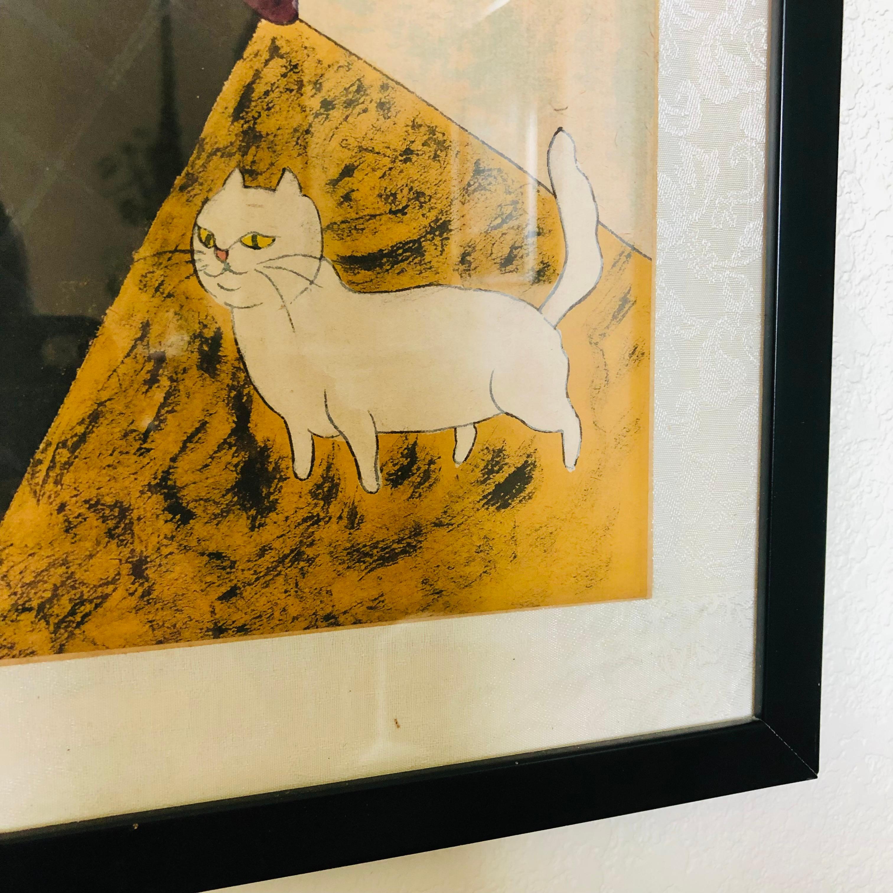 Yongkai Hu Original Gouache und Tinte auf Papier - Damen mit Katzen im Zustand „Gut“ im Angebot in Fairfield, CA