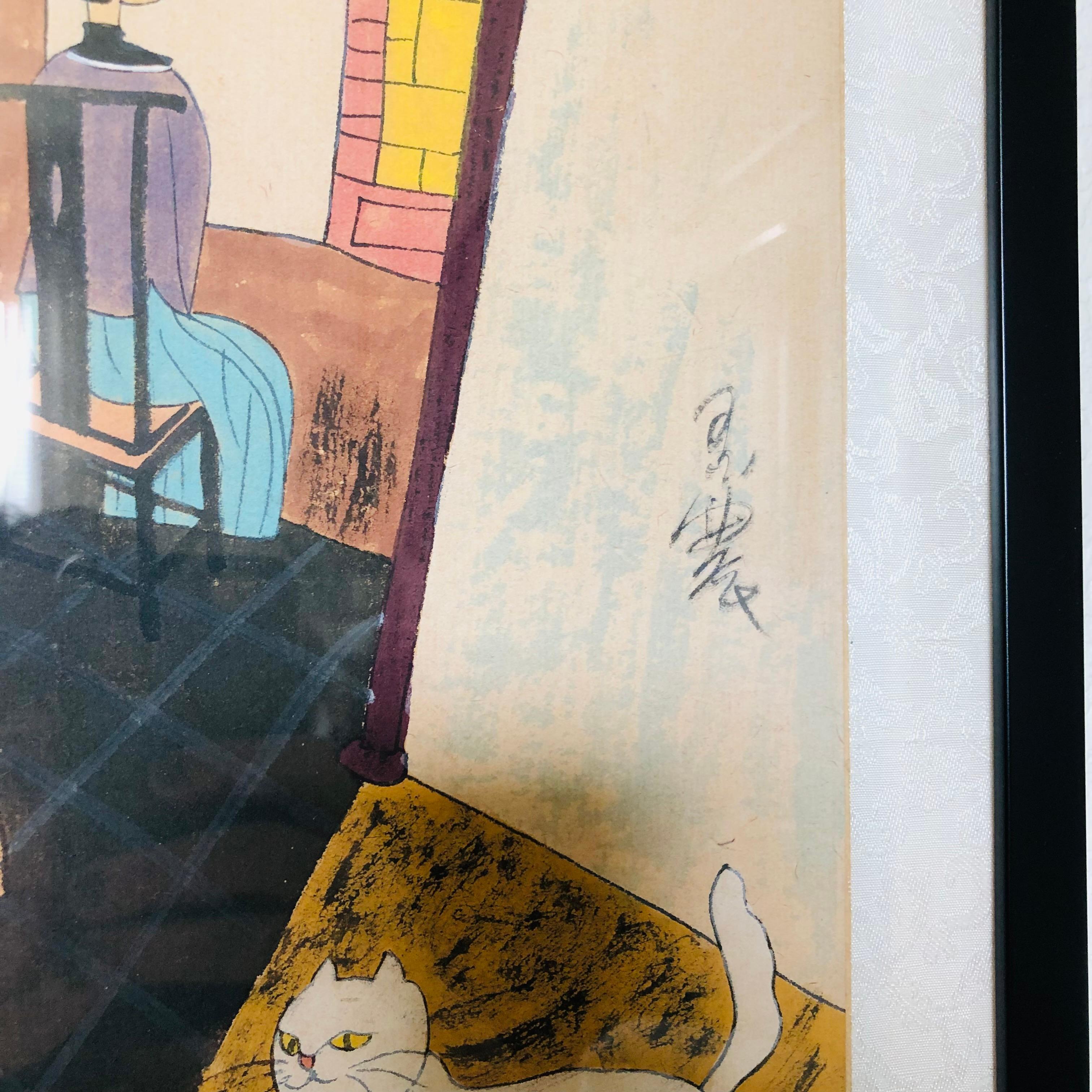 Yongkai Hu Original Gouache und Tinte auf Papier - Damen mit Katzen (20. Jahrhundert) im Angebot