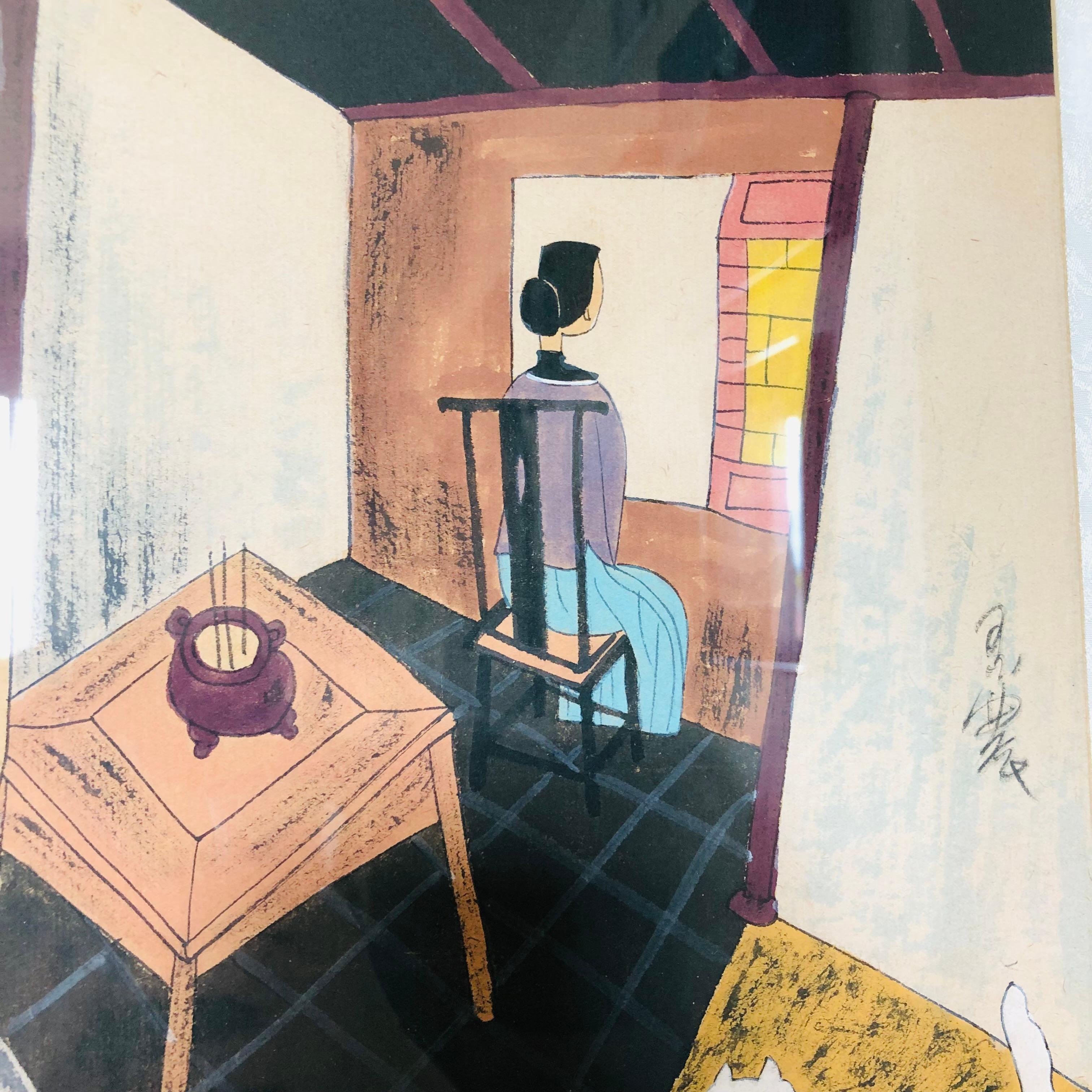 Yongkai Hu Original Gouache und Tinte auf Papier - Damen mit Katzen (Glas) im Angebot