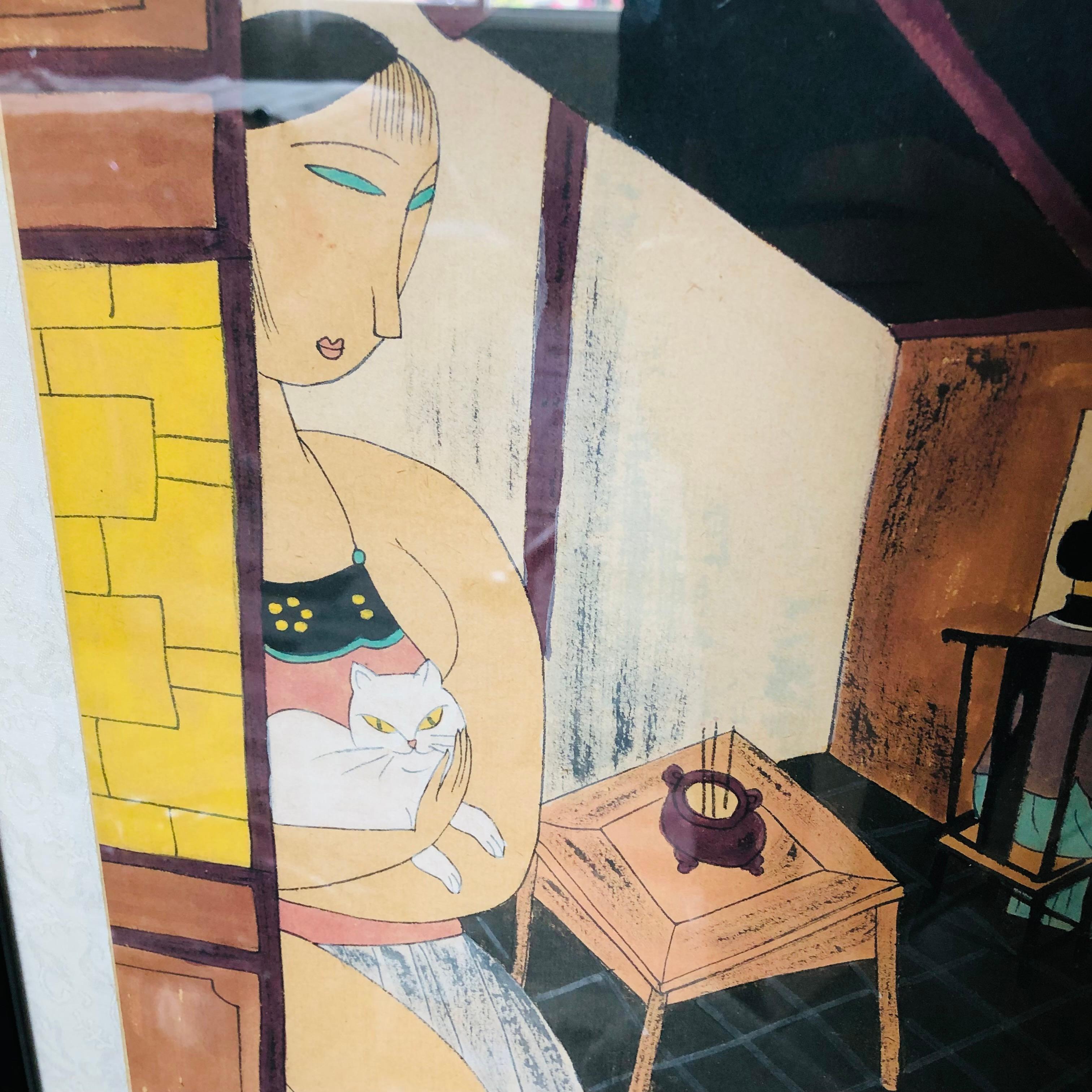 Yongkai Hu Original Gouache und Tinte auf Papier - Damen mit Katzen im Angebot 1