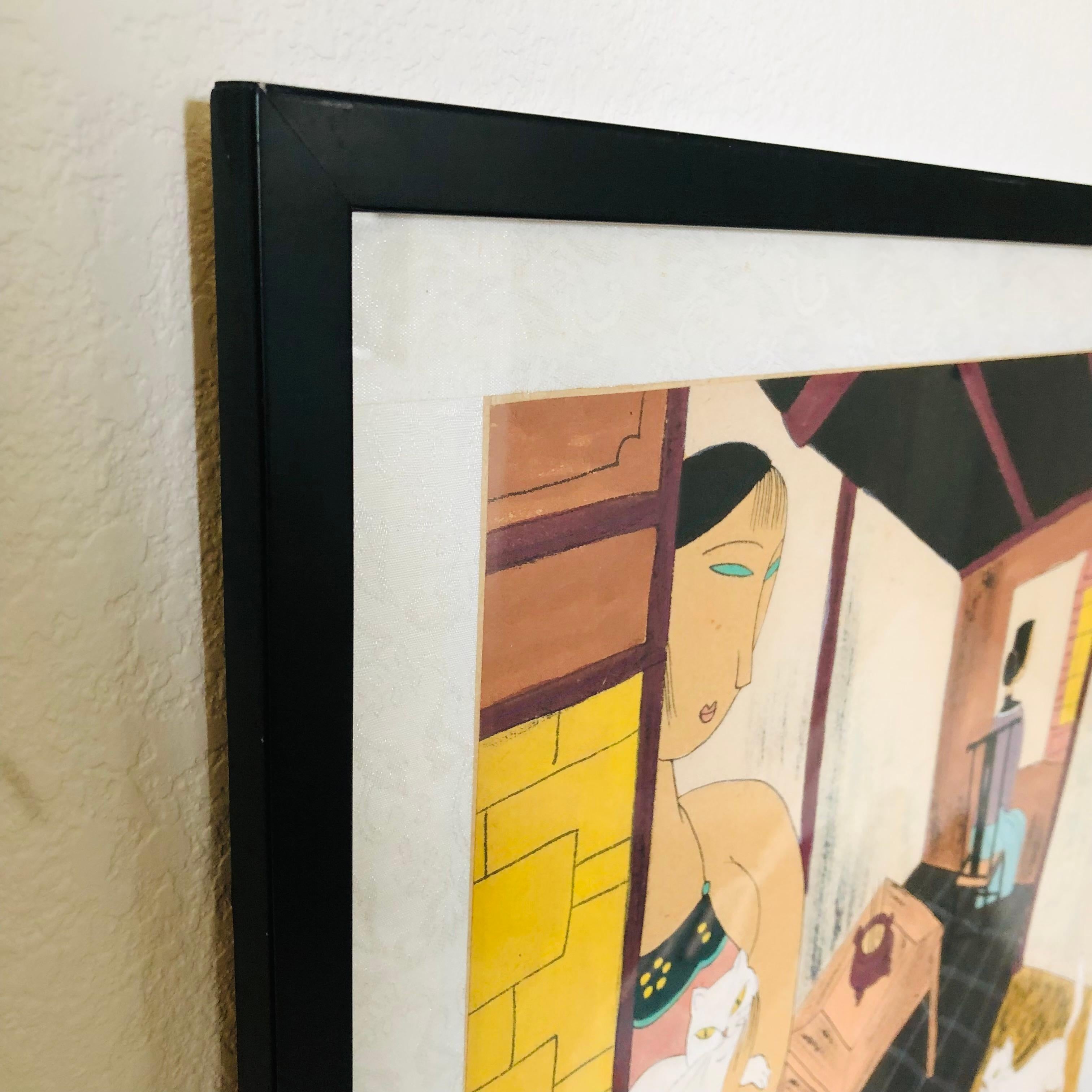 Yongkai Hu Original Gouache und Tinte auf Papier - Damen mit Katzen im Angebot 2