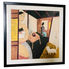 Yongkai Hu Original Gouache and Ink on Paper - Ladies with Cats