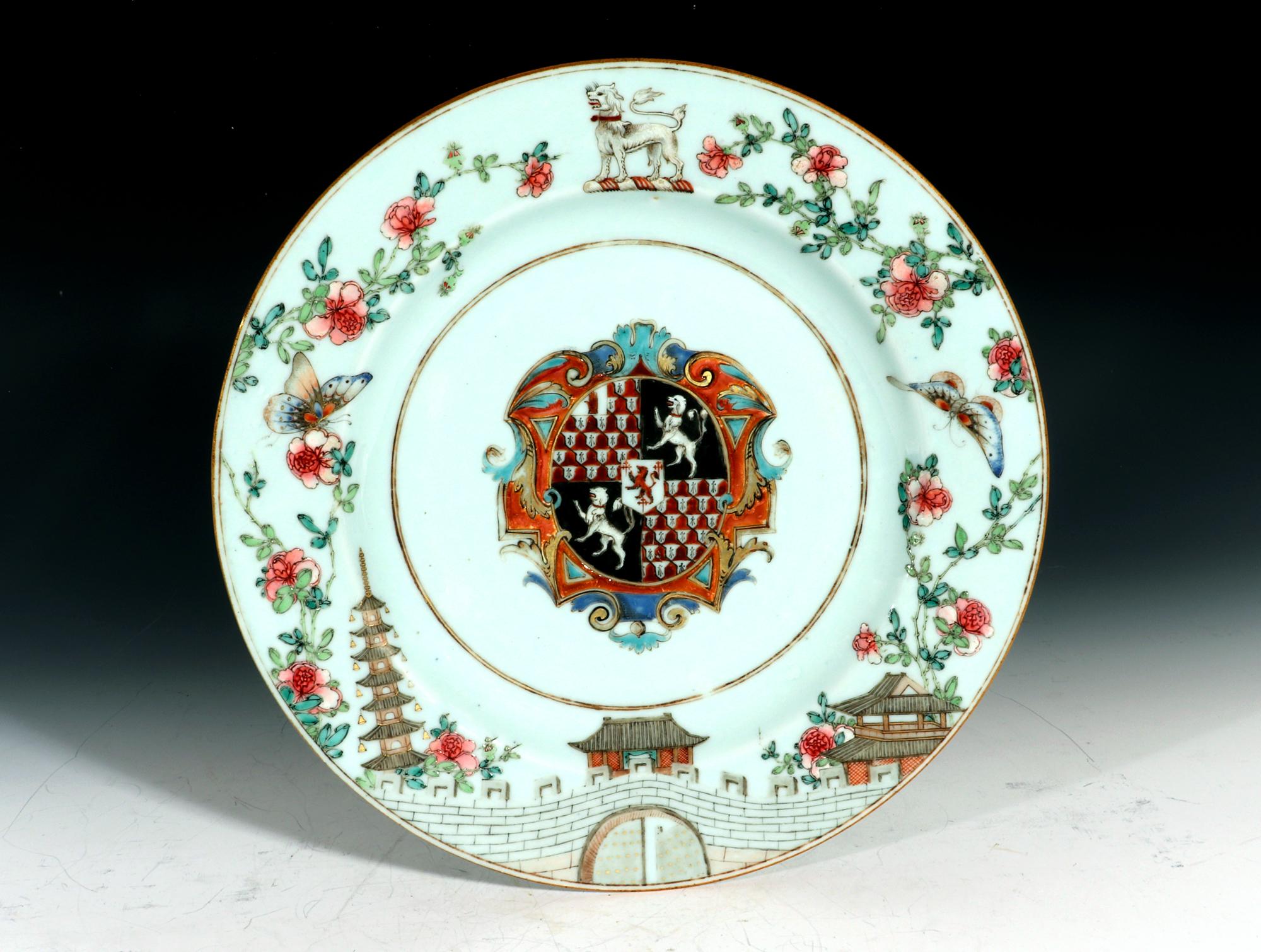 Chinese Export Armorial Porcelain Plate,
Arms of Gresley Quarterly with Bowyer in Pretence,
Yongzheng Period,
1735

This unusual Chinese Export porcelain armorial plate from the Yongzheng period is painted in Famille Rose enamels with the Arms