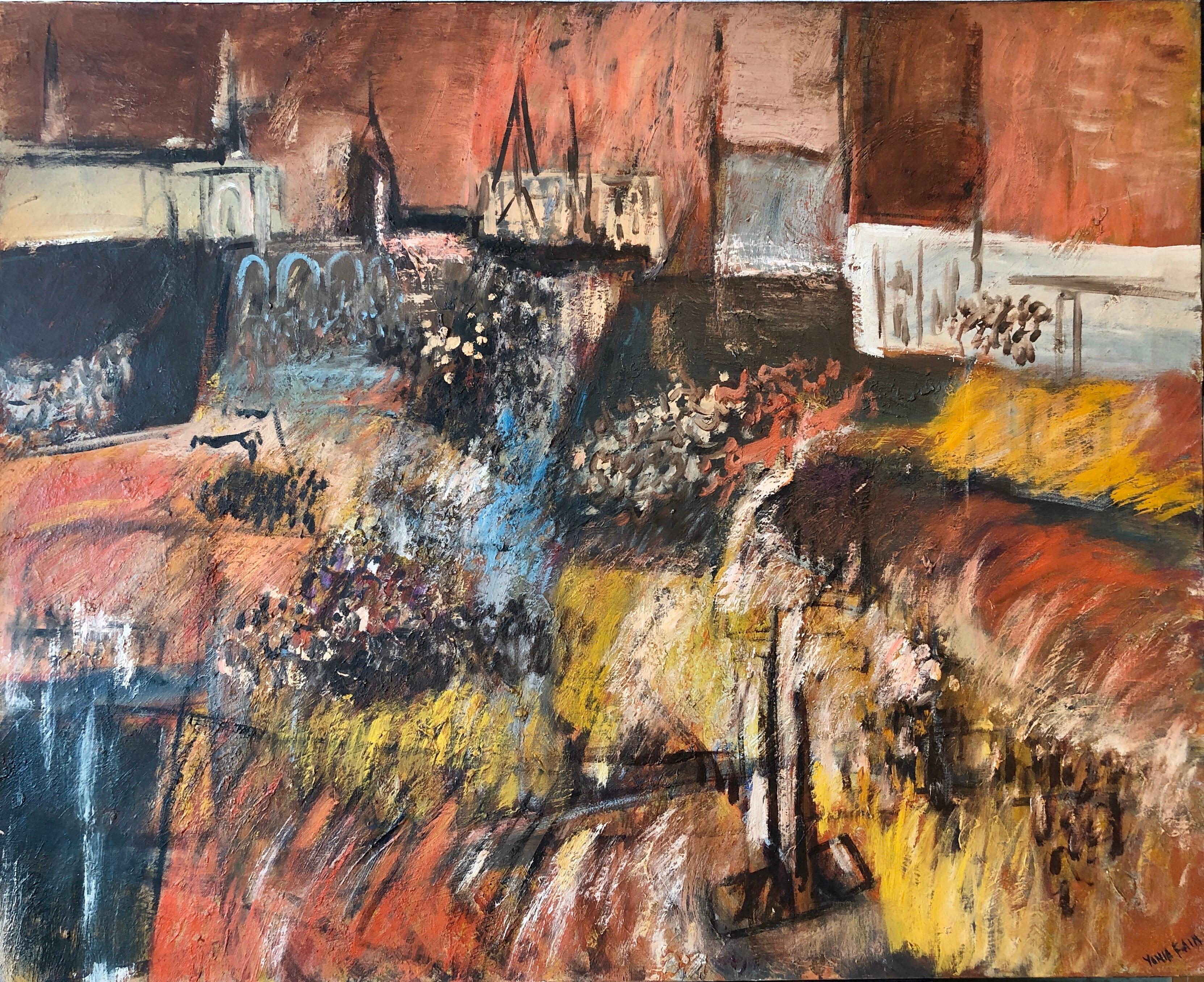 Peinture à l'huile expressionniste juive mexicaine d'avant-garde Fiesta de Guadalupe