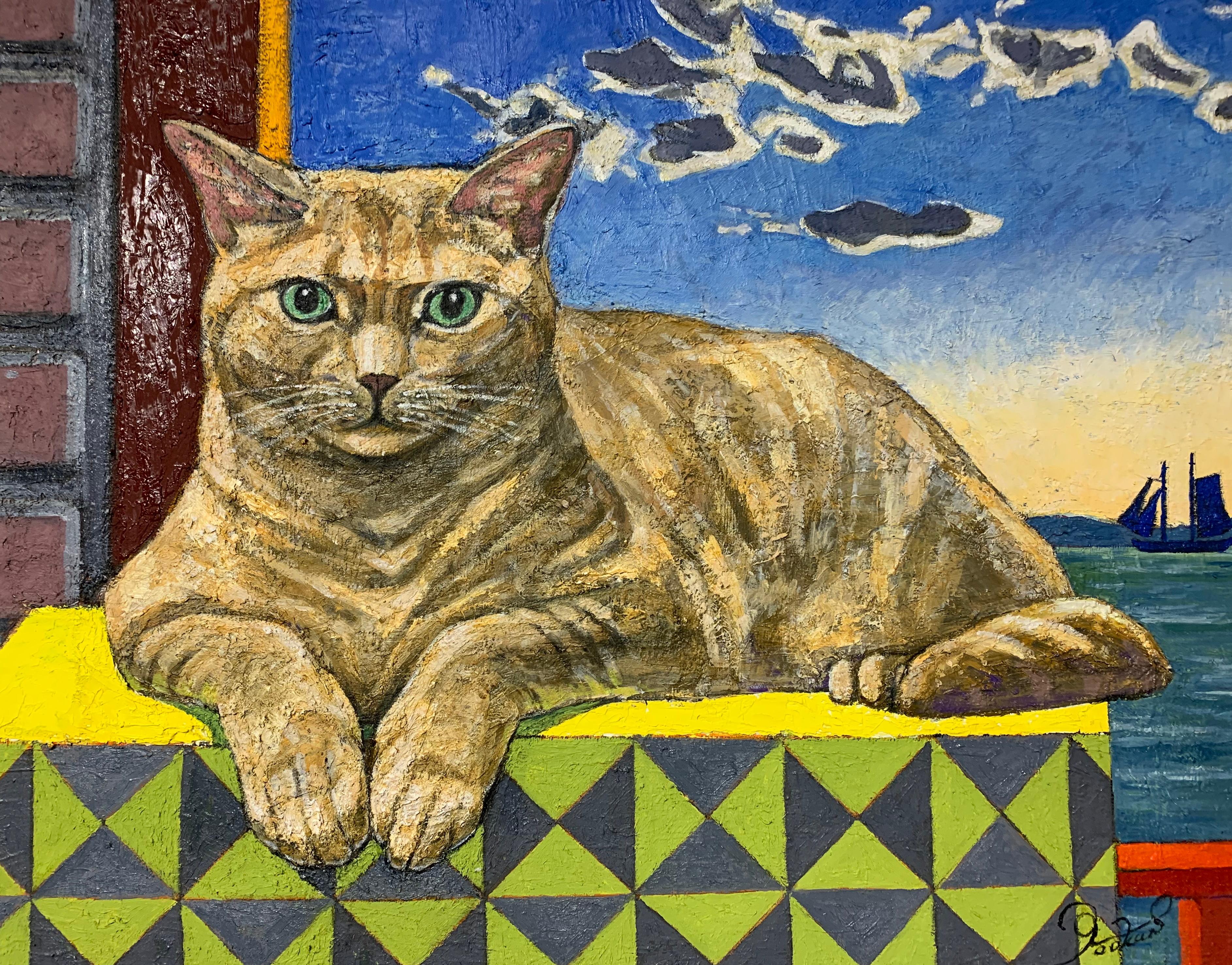 Les pensées d'un chat orange (peinture originale du célèbre peintre japonais-américain) - Painting de Yookan Westfield