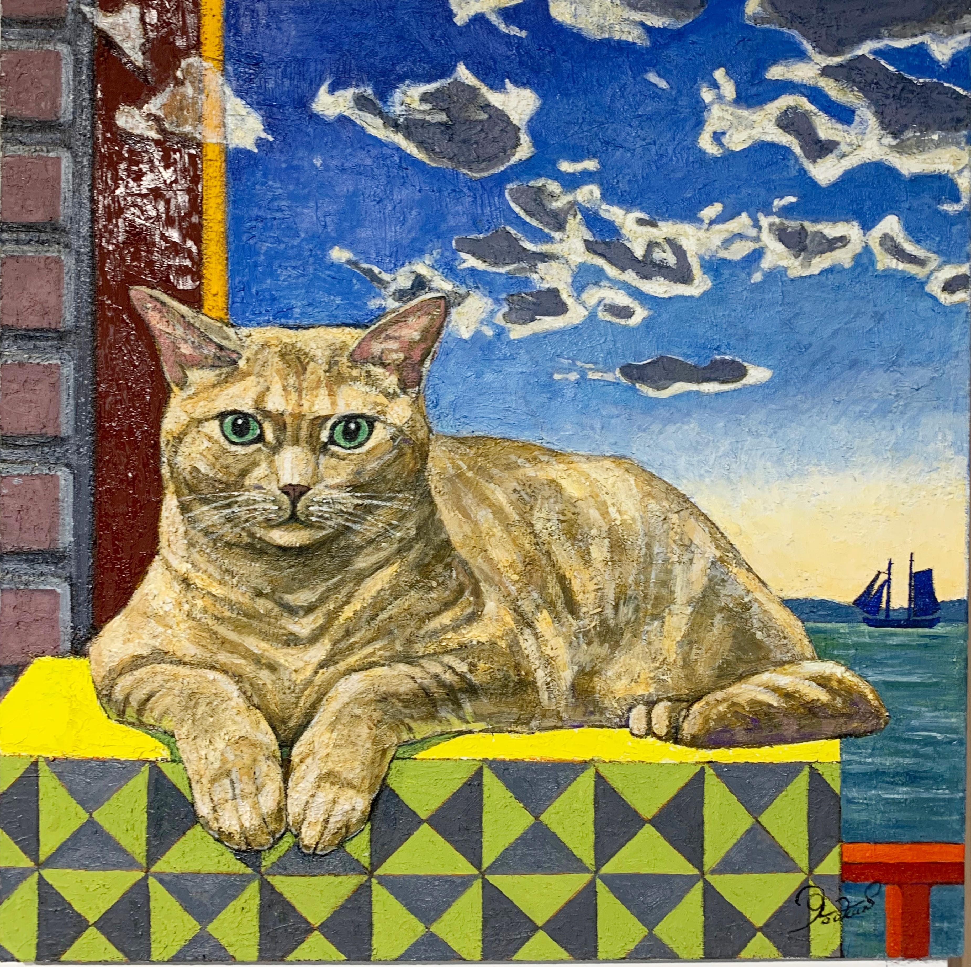 Yookan Westfield Figurative Painting – Orange Cat's Thoughts (Originalgemälde des bekannten japanisch-amerikanischen Malers)
