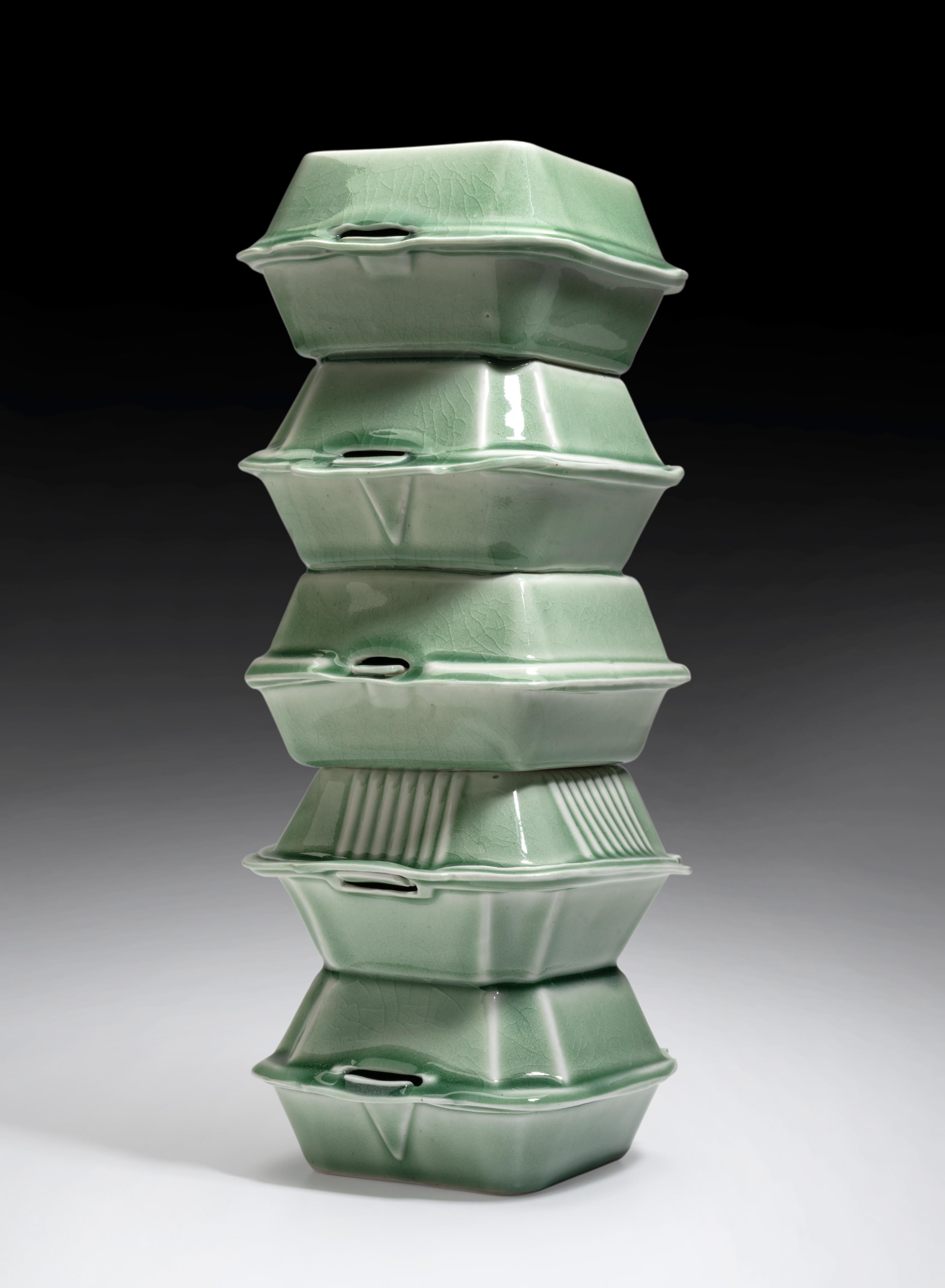 "Cairn nº 1 (5 apilados)", Recipientes de cerámica apilados para llevar en esmalte celadón