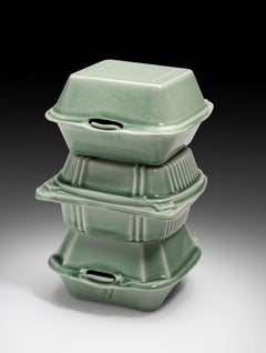 "Cairn #3 (3 Stack)", Stacked Takeout Containers Sculpture with Celadon Glaze