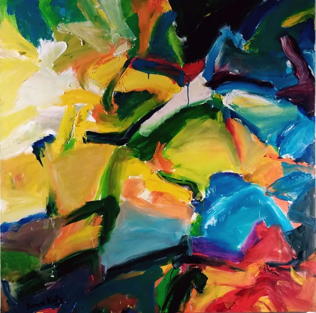 Pittura astratta "Cielo contro Terra" 48 x 48" pollici di Yoram Katz