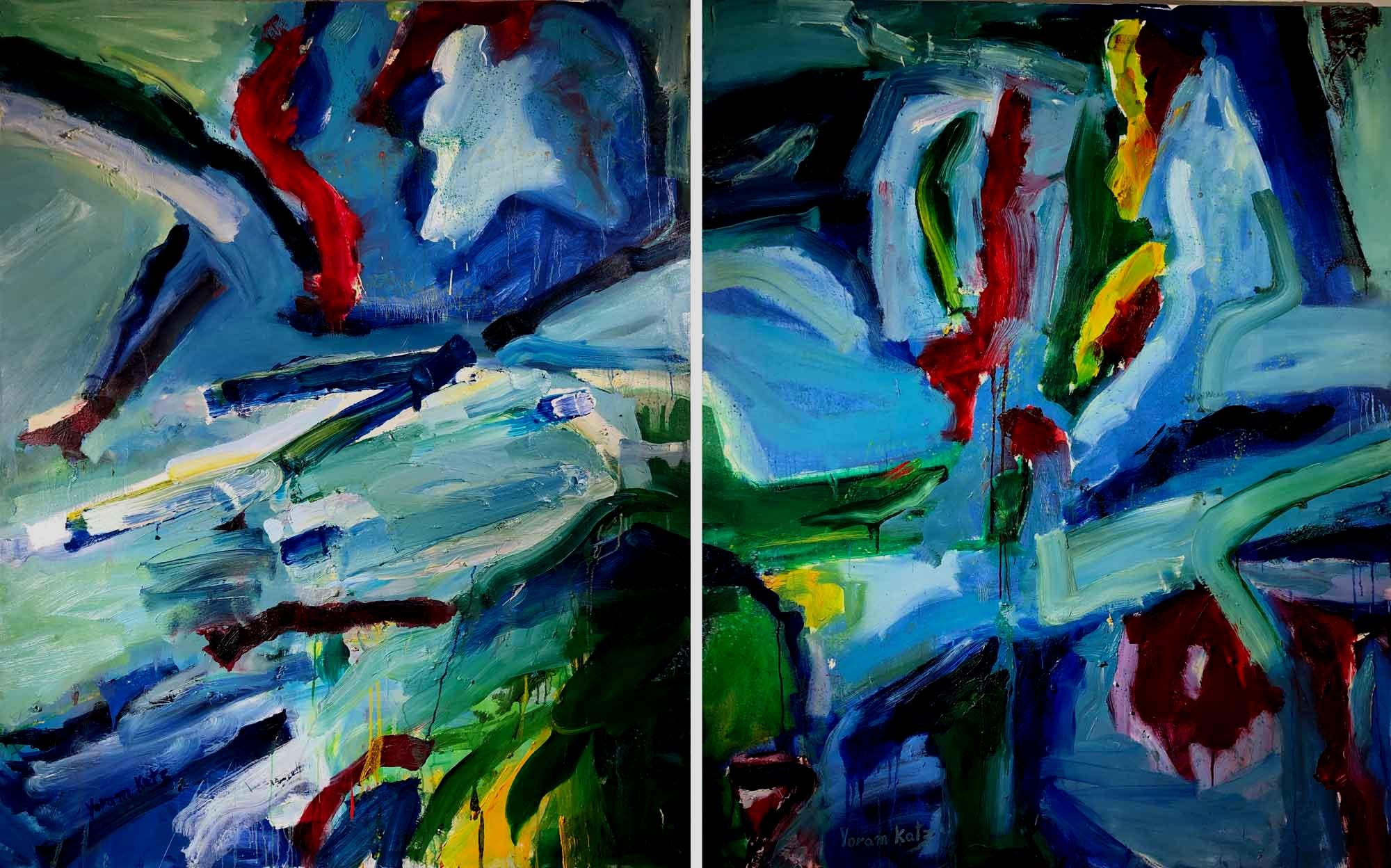 "Story No. 6 Diptych" Abstract Painting 60 x 97" inch by Yoram Katz

ABOUT THE ARTIST:
Born in Israel.
Graduated from the Bazelel Art Academy in Jerusalem.
Resides in Los Angeles, California, USA.
When he was a student at the art academy, the senior
