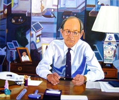 "El entrevistador" (ENMARCADO) Pintura figurativa 60 x 72 pulgadas por Yoram Katz