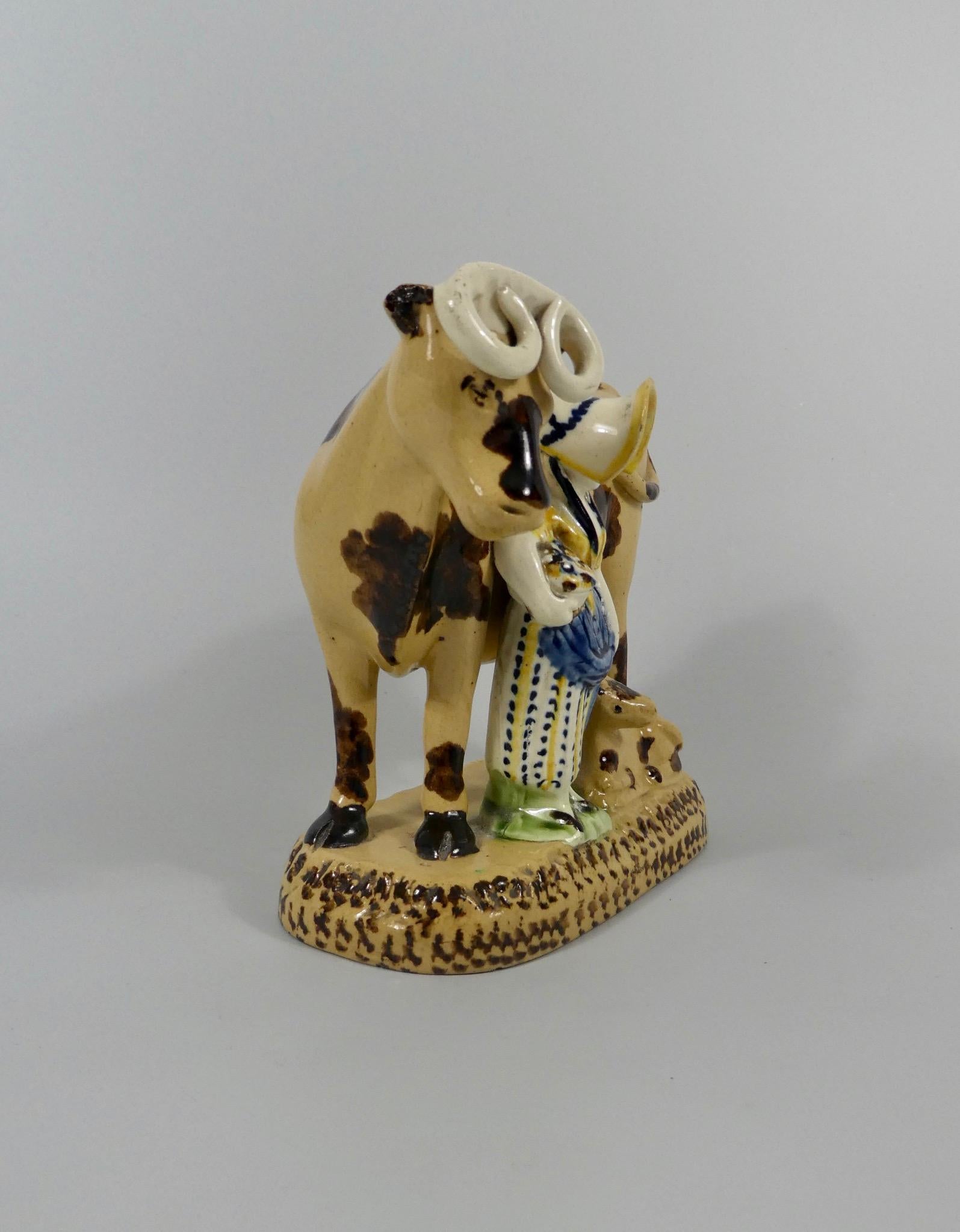 Fired Yorkshire Prattware Shepherdess and Cow Group, circa 1820