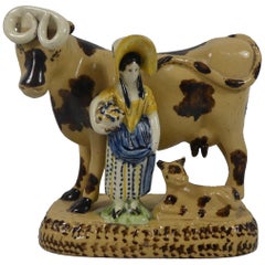 Yorkshire Prattware Shepherdess and Cow Group, circa 1820