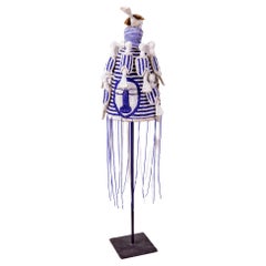 Yoruba Blue and White Beaded Crown on Stand with Birds
