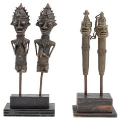 Yoruba Edan Ogboni Figural Brass Staffs, 2 Pairs