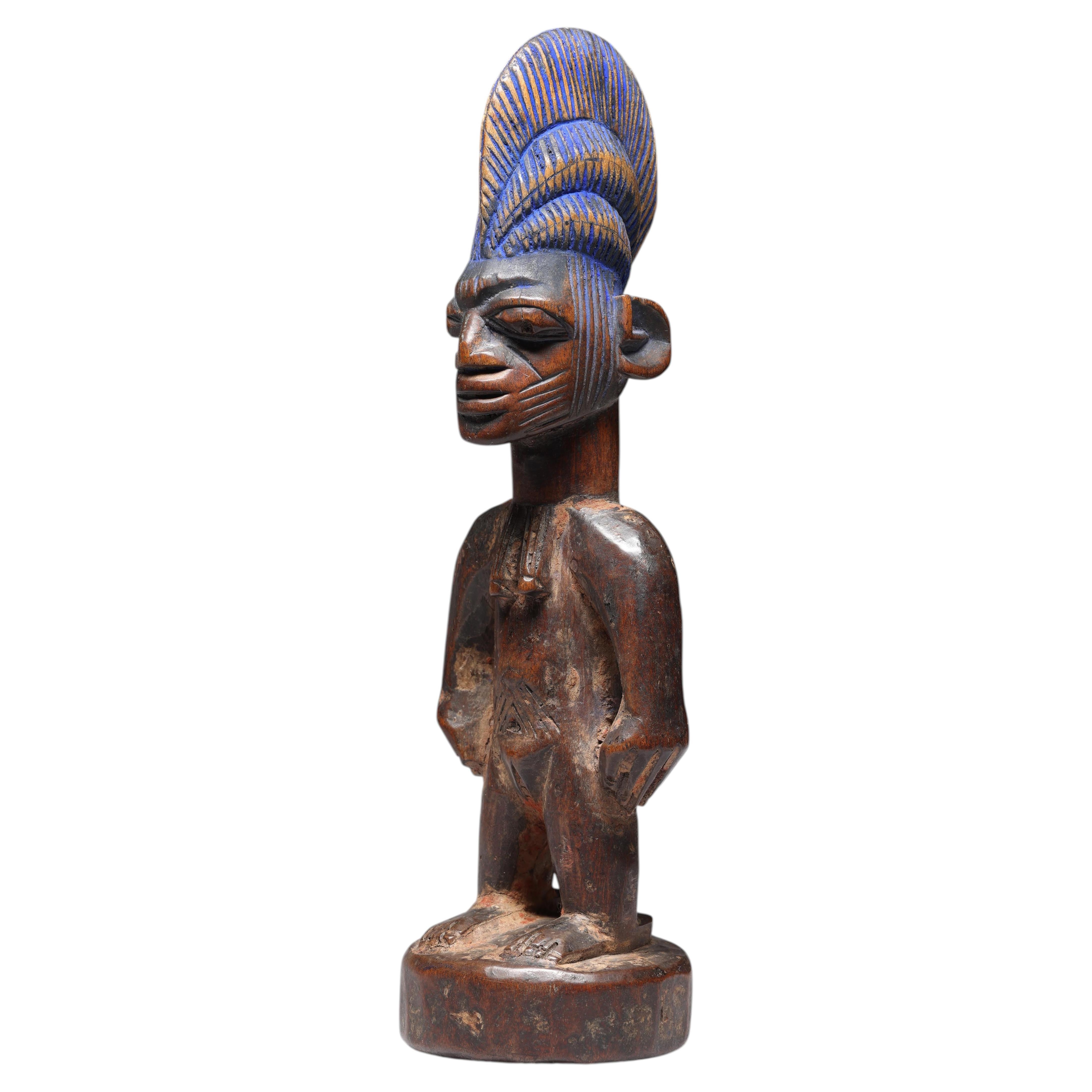Yoruba Female Figure, an Ibeji or Twin Figure, Nigeria, Africa, High Hair Bluing
