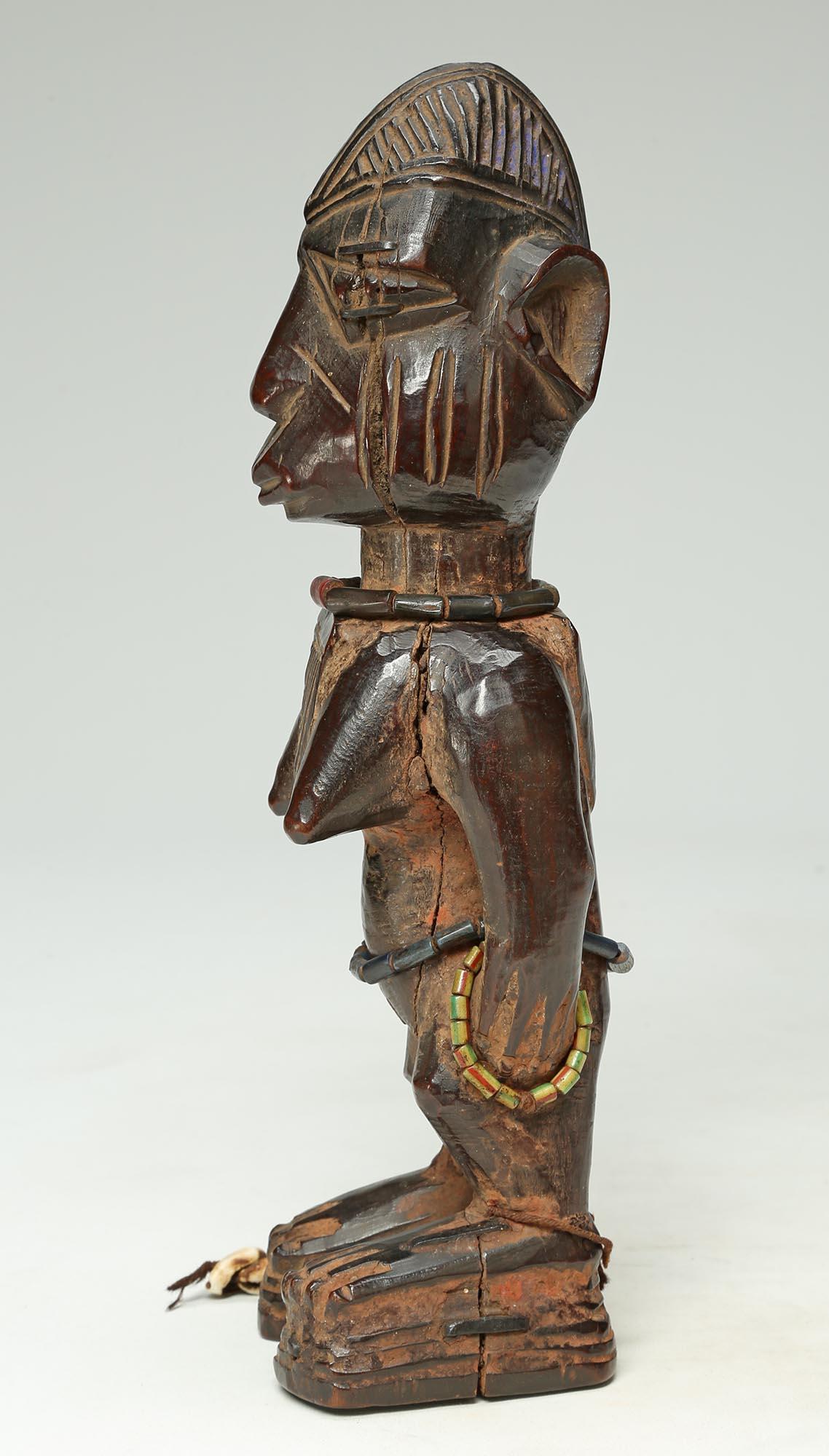 Nigerian Yoruba Female Twin Figure, Ere Ibeji, Nigeria, African Tribal Art with Beads For Sale