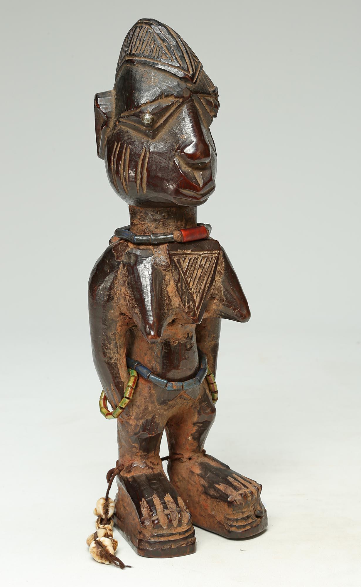 Hand-Carved Yoruba Female Twin Figure, Ere Ibeji, Nigeria, African Tribal Art with Beads For Sale
