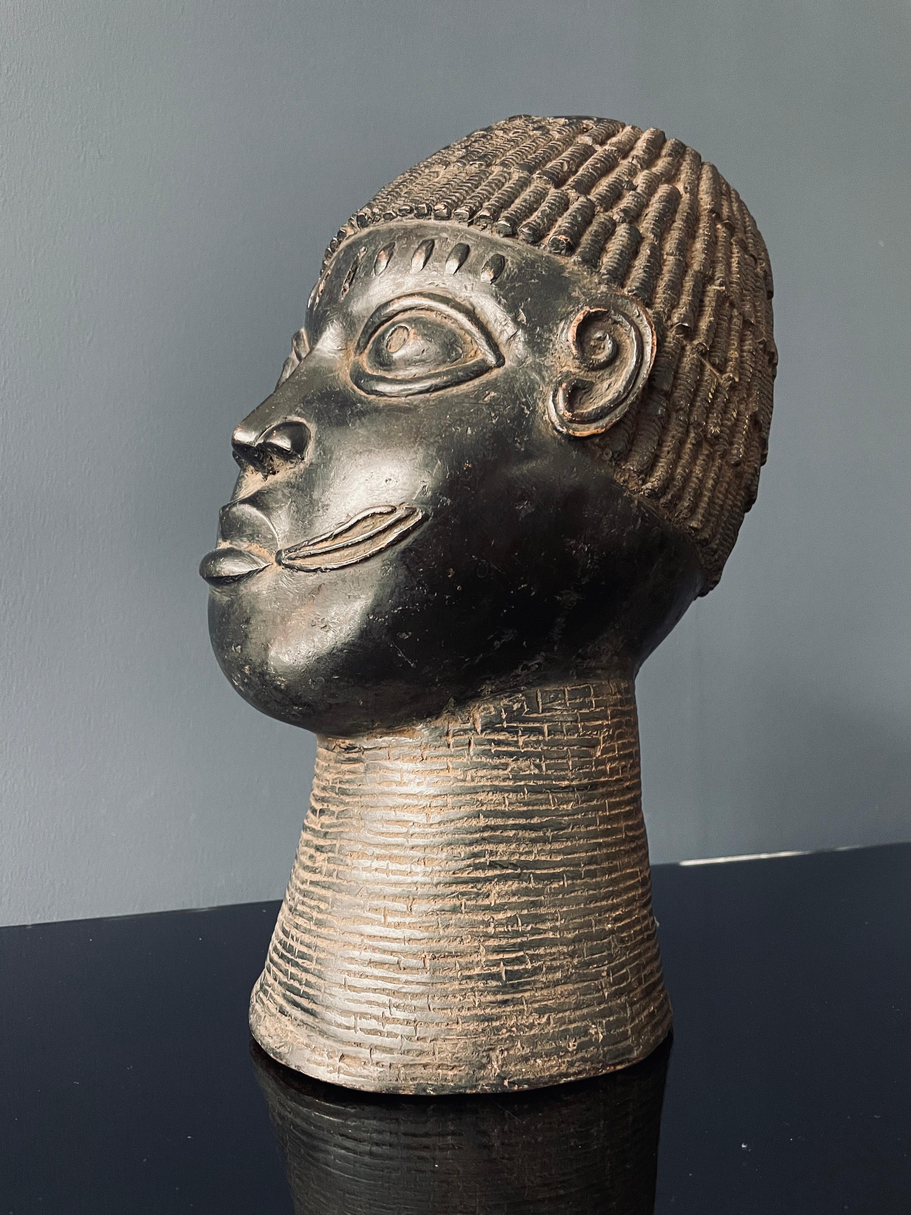 Hand-Crafted African Bronze, Yoruba King Head, Benin, West African