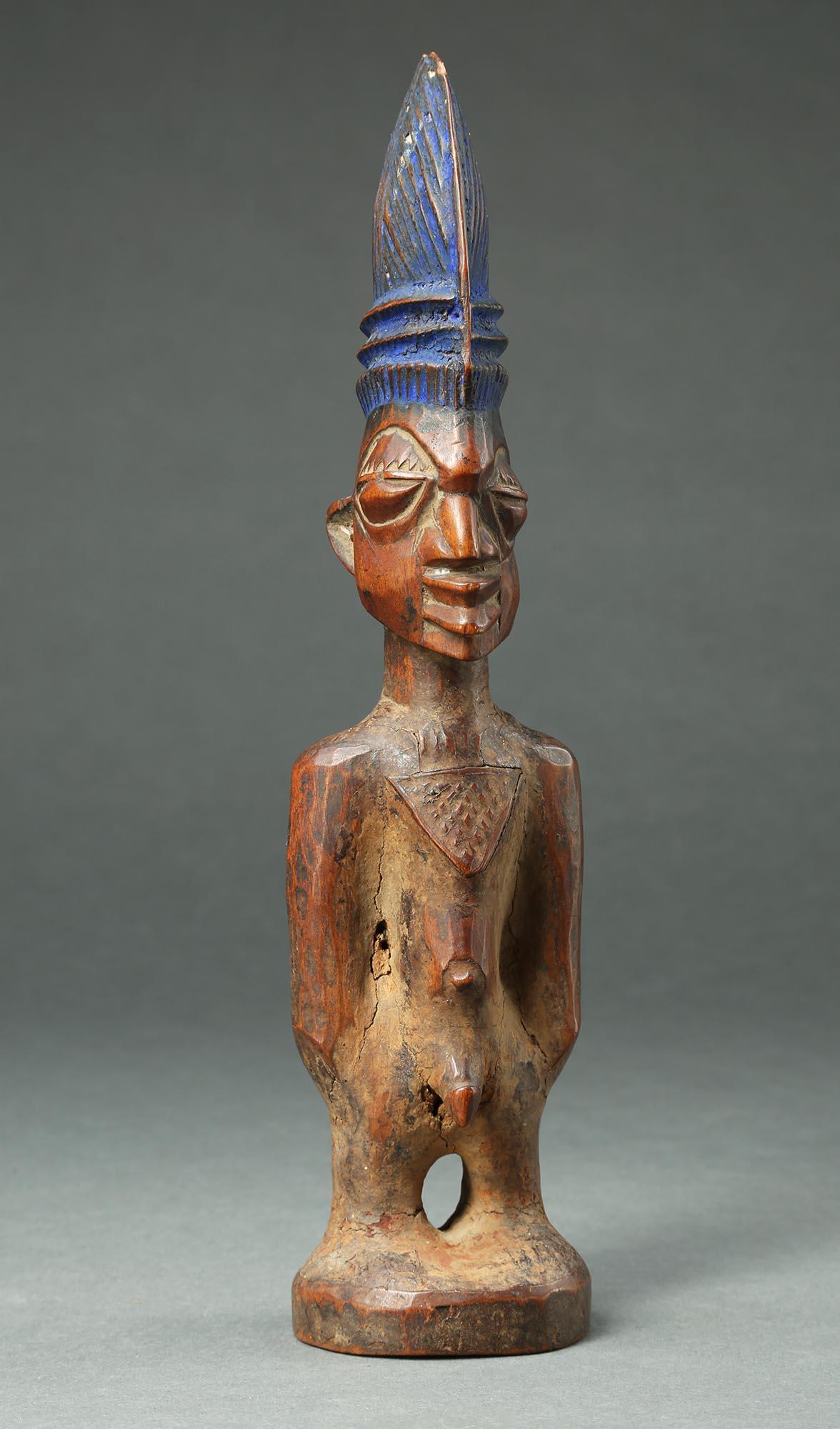 Hand-Carved Yoruba Male Twin Figure, Ere Ibeji, Nigeria, African Tribal Art Tall Hair style For Sale