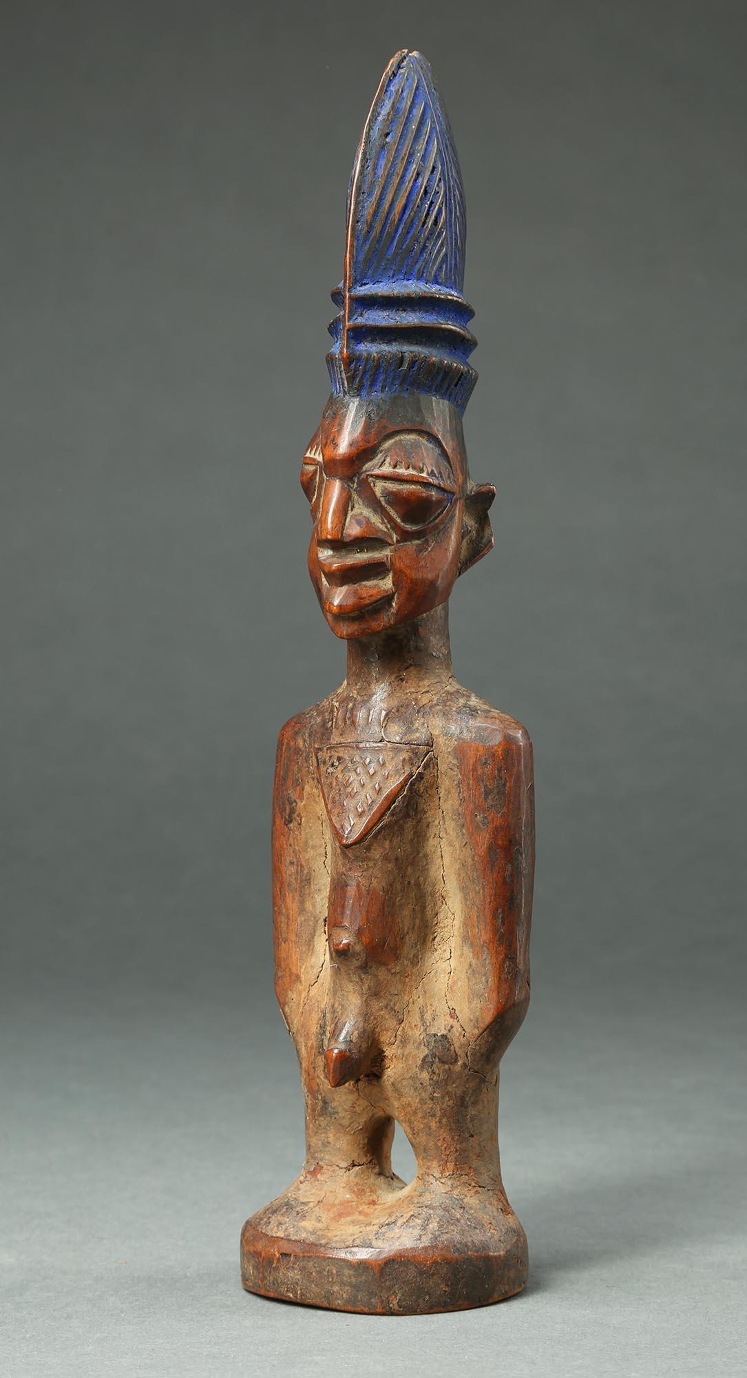 Yoruba Male Twin Figure, Ere Ibeji, Nigeria, African Tribal Art Tall Hair style In Good Condition For Sale In Santa Fe, NM