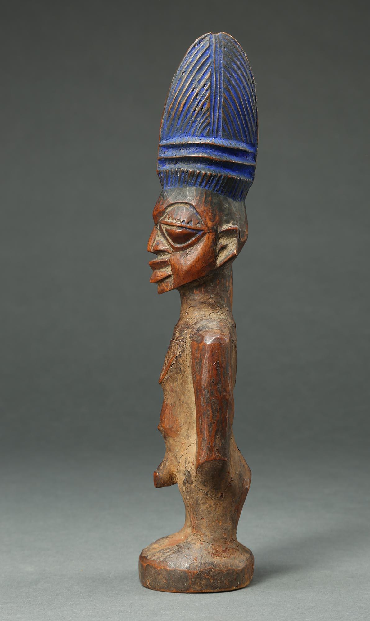 Wood Yoruba Male Twin Figure, Ere Ibeji, Nigeria, African Tribal Art Tall Hair style For Sale