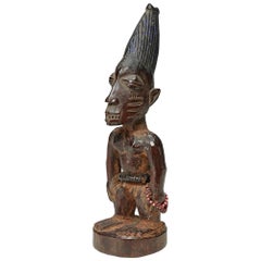 Antique Yoruba Male Twin Figure, Ere Ibeji, Nigeria, West African Tribal Art with Beads