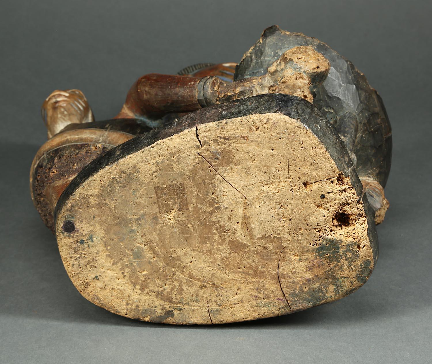 Yoruba maternity offering bowl with a chicken as the lid, Nigeria, Africa, early 20th century. A female figure with baby riding on her back, presenting to her front an offering bowl in the form of a chicken with a removable top. Great carving to the