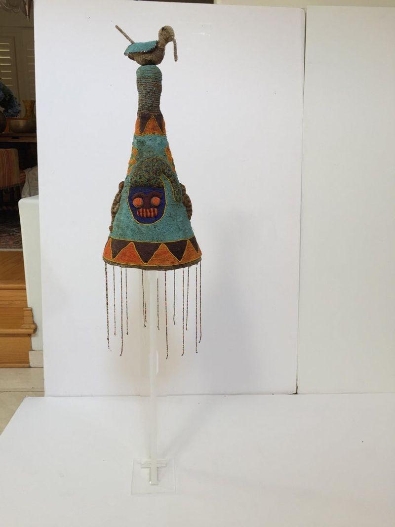 Yoruba Nigeria African Royal Beaded Headdress Crown on Lucite Stand For Sale 3