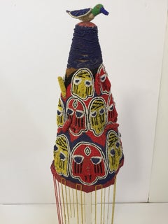 Yoruba Nigeria African Royal Beaded Headdress Crown on Stand