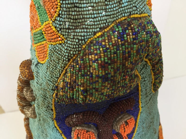 Yoruba Nigeria African Royal Beaded Headdress Crown on Lucite Stand For