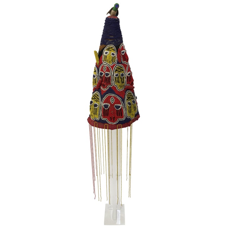 Yoruba Beaded Royal Headdress on Lucite Stand, 1920, Offered by Mosaik