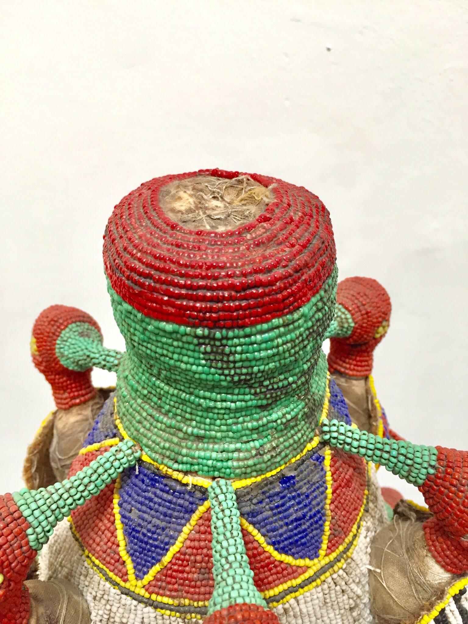 Metal Yoruba Nigeria African Royal Beaded Headdress Crown on Stand