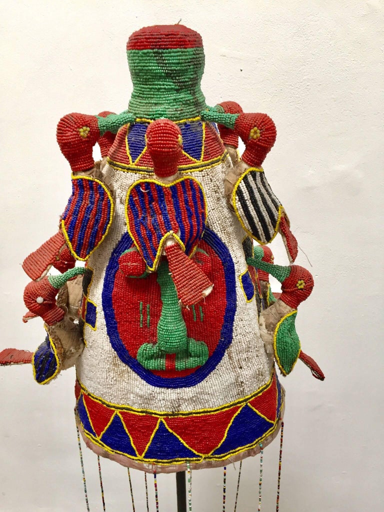 Yoruba Nigeria African Royal Beaded Headdress Crown on Stand at 1stDibs
