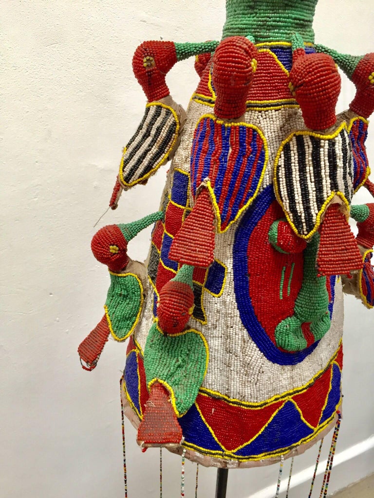 Yoruba Nigeria African Royal Beaded Headdress Crown on Stand at 1stDibs