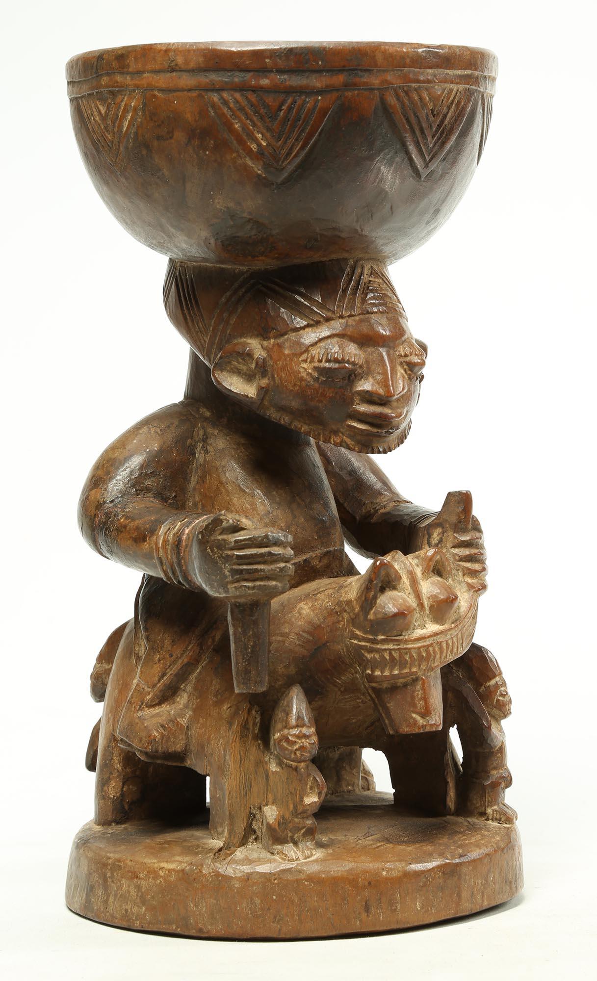 Hand-Carved Yoruba Offering Bowl with Horse and Rider Early 20th Century Nigerian Tribal Art For Sale