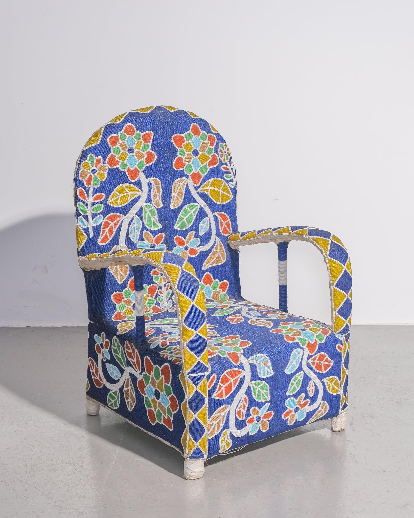 Fabric Yoruba Royal Beaded Chair Made in West Africa For Sale