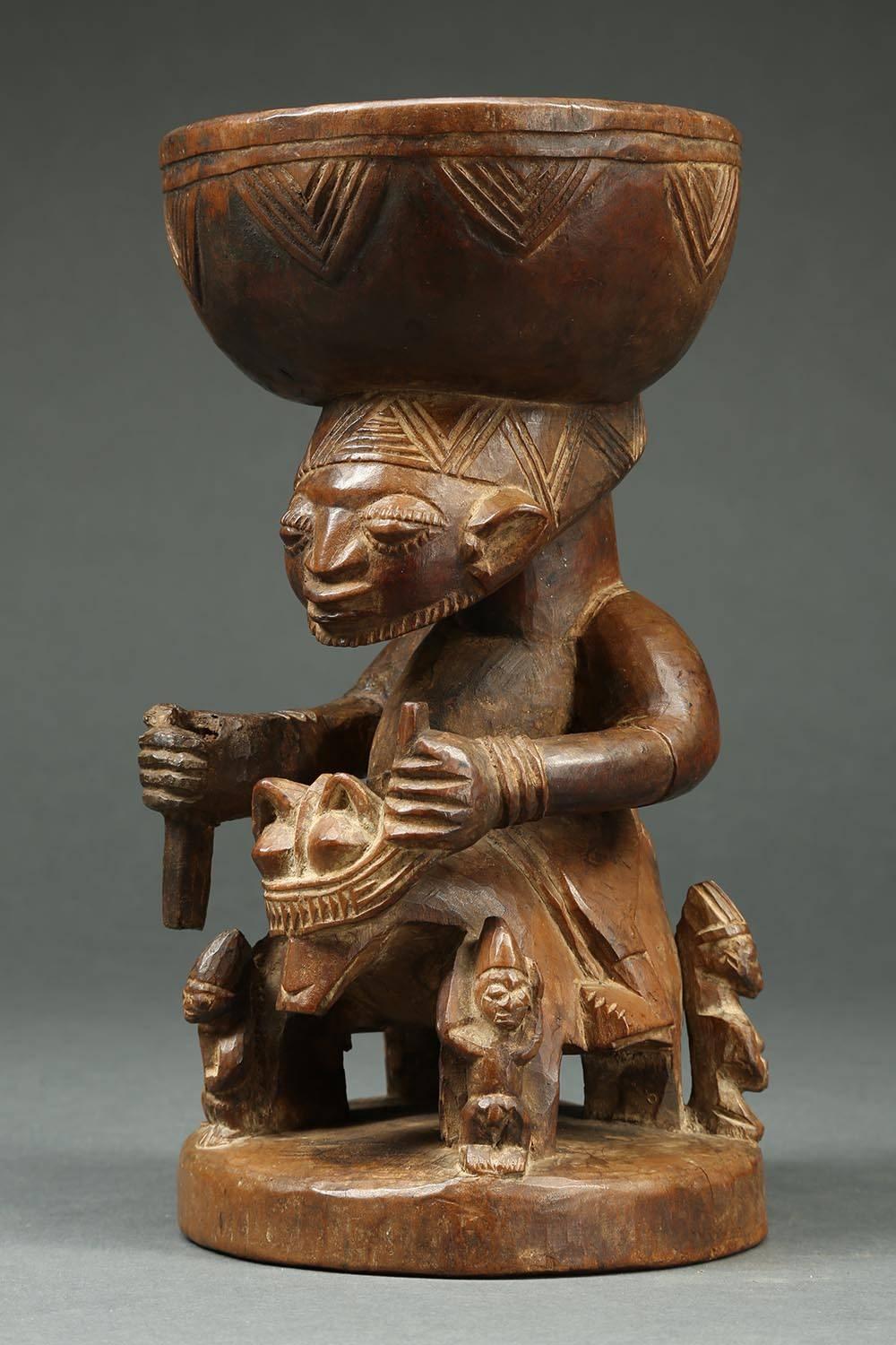 Hand-Carved Yoruba Tribal Offering Bowl with Horse and Rider, Nigeria