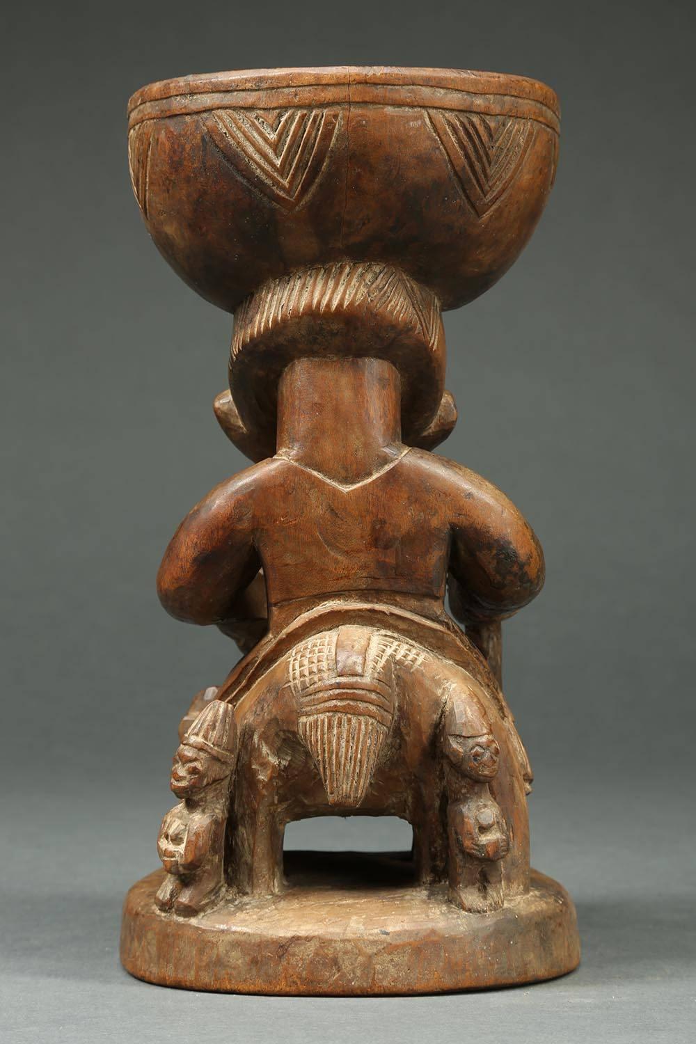 Wood Yoruba Tribal Offering Bowl with Horse and Rider, Nigeria