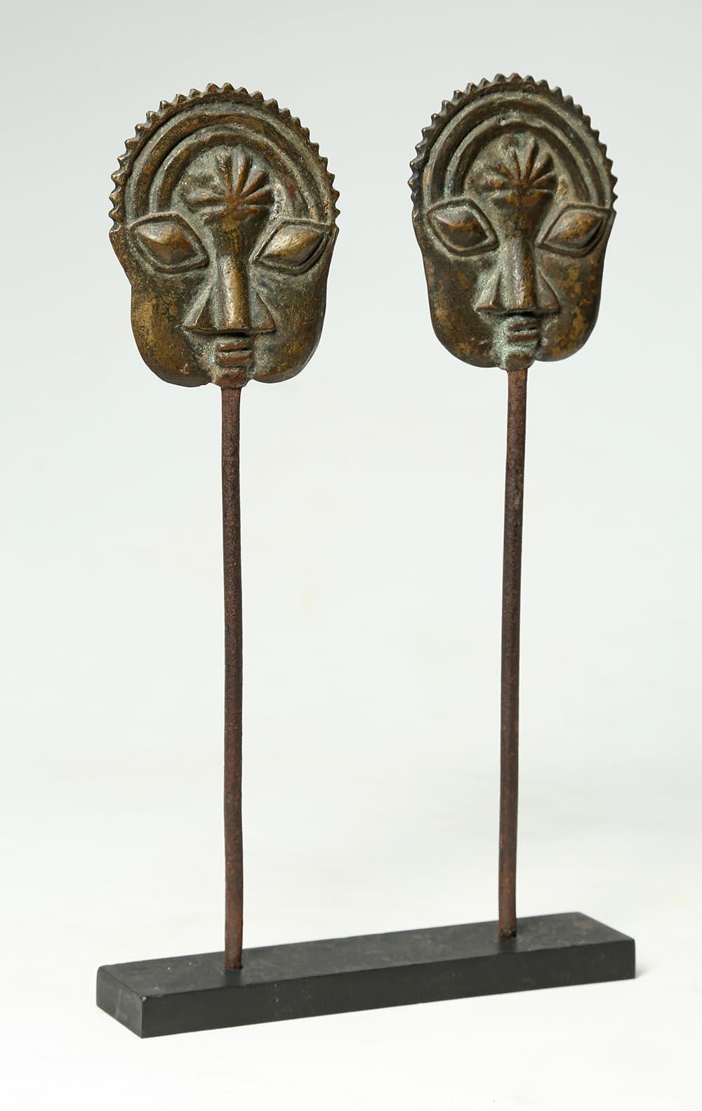 Nigerian Yoruba Tribal Ogboni Pair of Brass Pins with Faces, Nigeria Early 20th Century For Sale