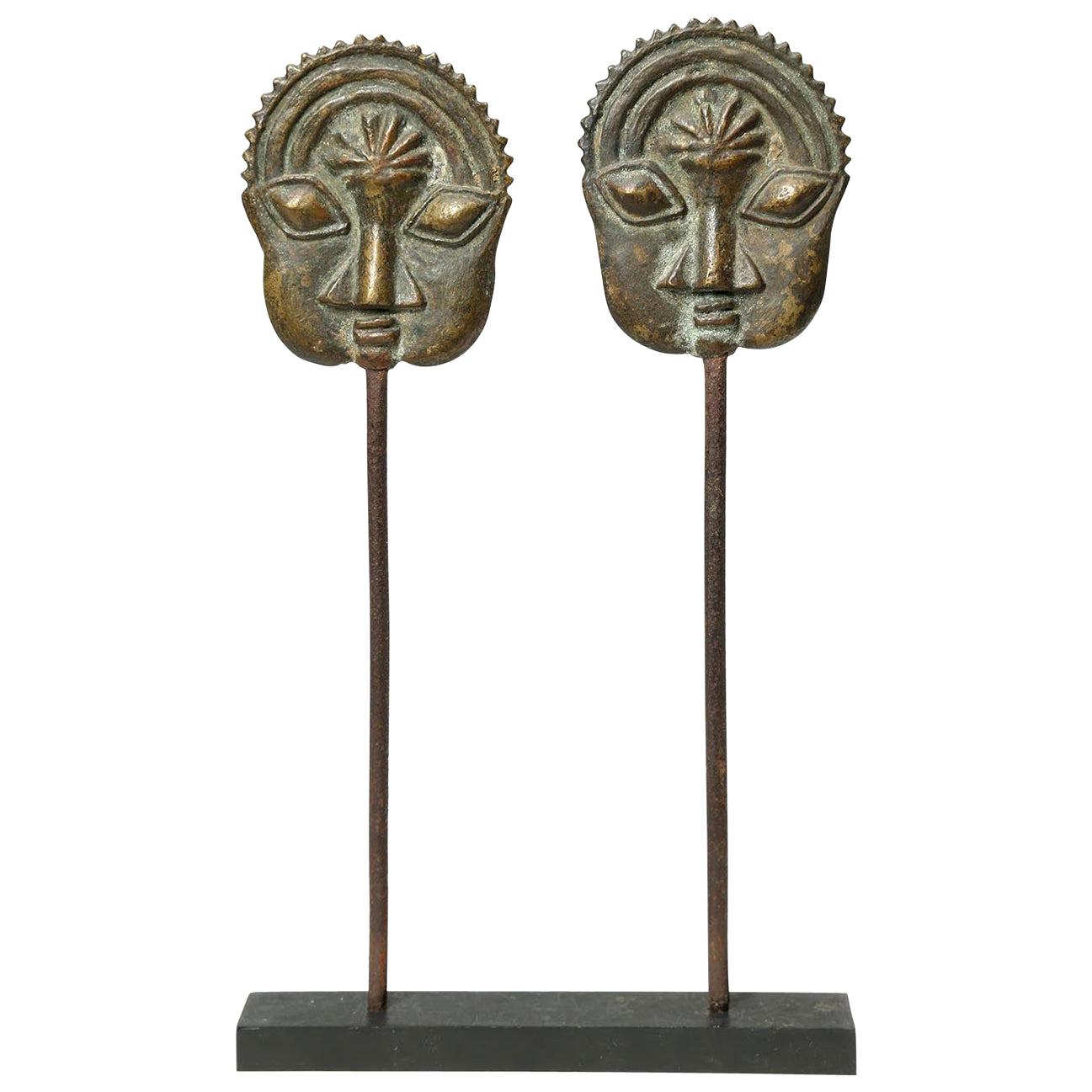 Yoruba Tribal Ogboni Pair of Brass Pins with Faces, Nigeria, Early 20th Century