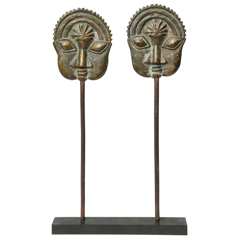 Yoruba Tribal Ogboni Pair of Brass Pins with Faces, Nigeria, Early 20th